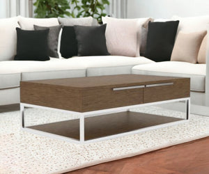 47" Brown and Silver Wood And Stainless Steel Floor Shelf Coffee Table With Two Drawers And Shelf