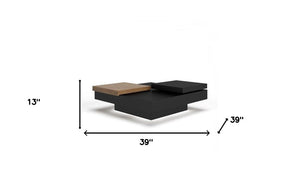 39" Brown and Black Wood Square Block Coffee Table With Drawer