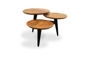 35" Natural Brown and Black Solid Wood and Iron Round Distressed Coffee Table