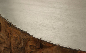 32" White and Natural Iron and Solid Wood Round Drum Coffee Table