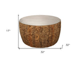 32" White and Natural Iron and Solid Wood Round Drum Coffee Table