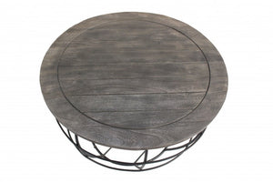 32" Gray Solid Wood Round Distressed Drum Drum Coffee Table