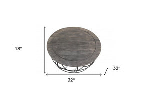32" Gray Solid Wood Round Distressed Drum Drum Coffee Table