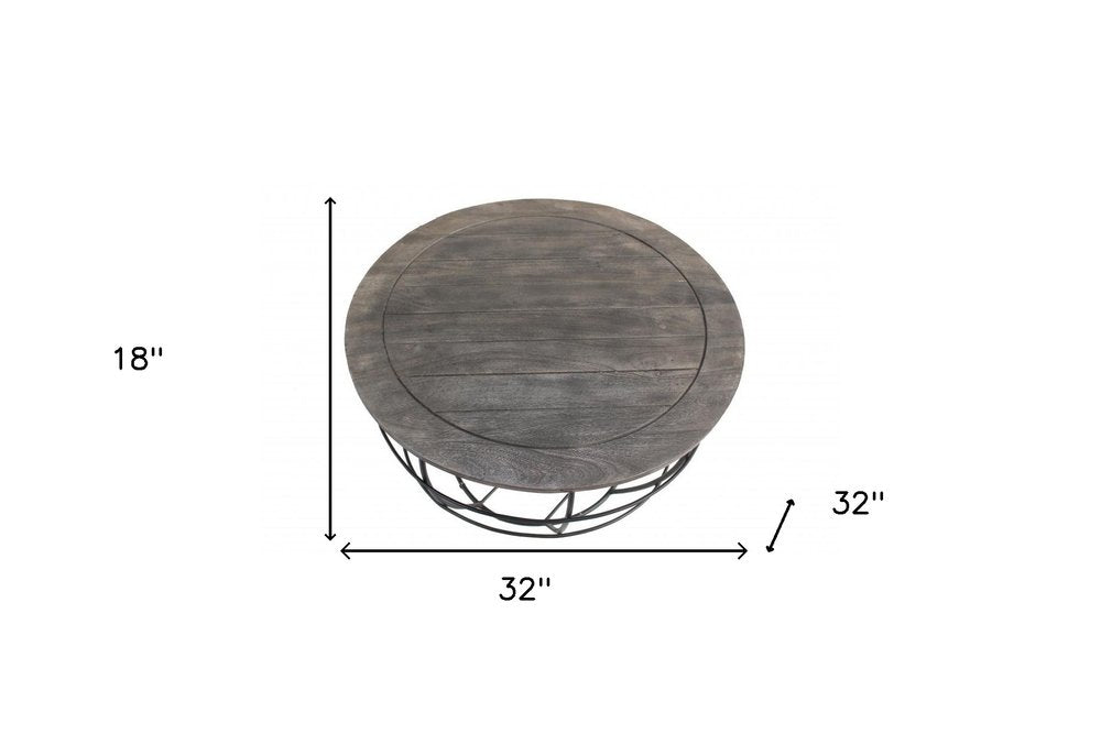 32" Gray Solid Wood Round Distressed Drum Drum Coffee Table