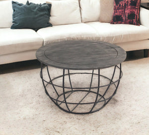32" Gray Solid Wood Round Distressed Drum Drum Coffee Table