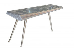 56" Silver Aluminum and Solid Wood Three Leg Console Table
