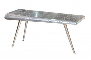56" Silver Aluminum and Solid Wood Three Leg Console Table