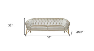 88" Beige Velvet Sofa With Gold Legs
