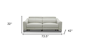 74" Gray Leather Reclining Sofa With Black Legs