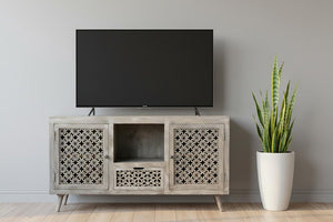 55" Gray Solid Wood Cabinet Enclosed Storage Worn TV Stand