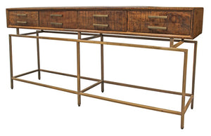 72" Brown and Brass Solid Wood Distressed Six Leg Console Table With Four Drawers