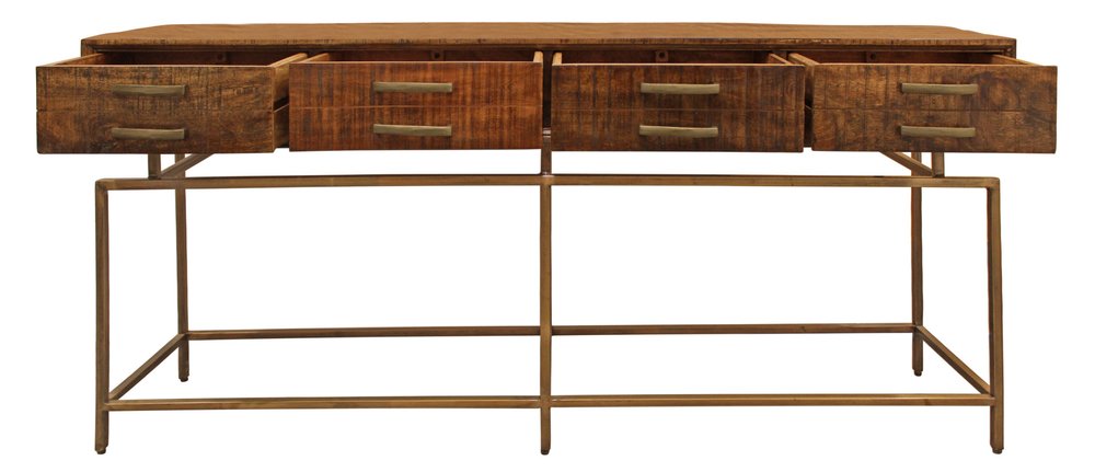 72" Brown and Brass Solid Wood Distressed Six Leg Console Table With Four Drawers