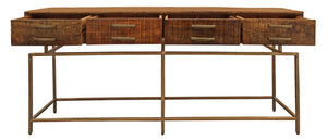 72" Brown and Brass Solid Wood Distressed Six Leg Console Table With Four Drawers