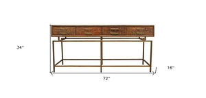 72" Brown and Brass Solid Wood Distressed Six Leg Console Table With Four Drawers