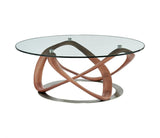 39" Clear and Brown Glass And Solid Wood Round Abstract Coffee Table