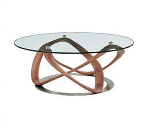 39" Clear and Brown Glass And Solid Wood Round Abstract Coffee Table