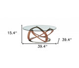 39" Clear and Brown Glass And Solid Wood Round Abstract Coffee Table