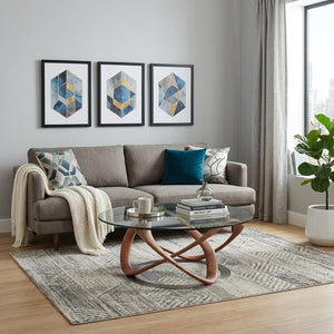 39" Clear and Brown Glass And Solid Wood Round Abstract Coffee Table
