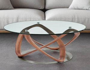 39" Clear and Brown Glass And Solid Wood Round Abstract Coffee Table