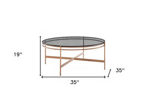 35" Gray and Gold Glass And Stainless Steel Round Coffee Table