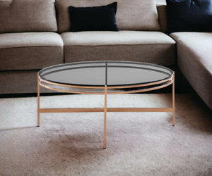 35" Gray and Gold Glass And Stainless Steel Round Coffee Table