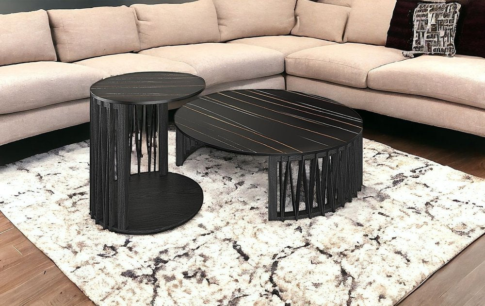Set of Two Black Faux Marble And Solid Wood Round Abstract Nested Coffee Tables
