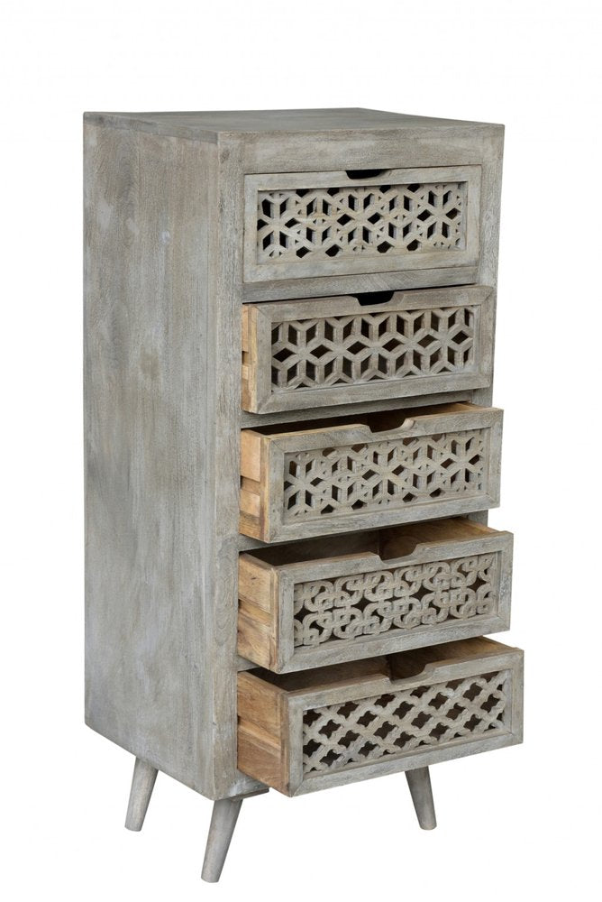 20" Gray Solid Wood Five Drawer Dresser