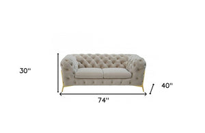 74" Beige And Gold Velvet Chesterfield Loveseat