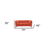 74" Orange And Silver Velvet Chesterfield Loveseat