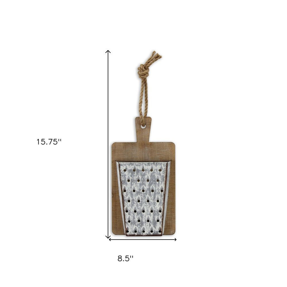 16" X 9" Gray and Brown Wood and Metal Kitchen Hanging Dimensional Sculpture