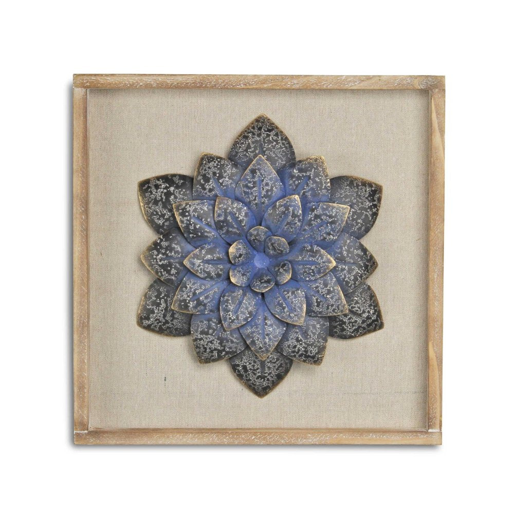 12" X 13" Dark Blue Flower Wood and Metal Wall Decor