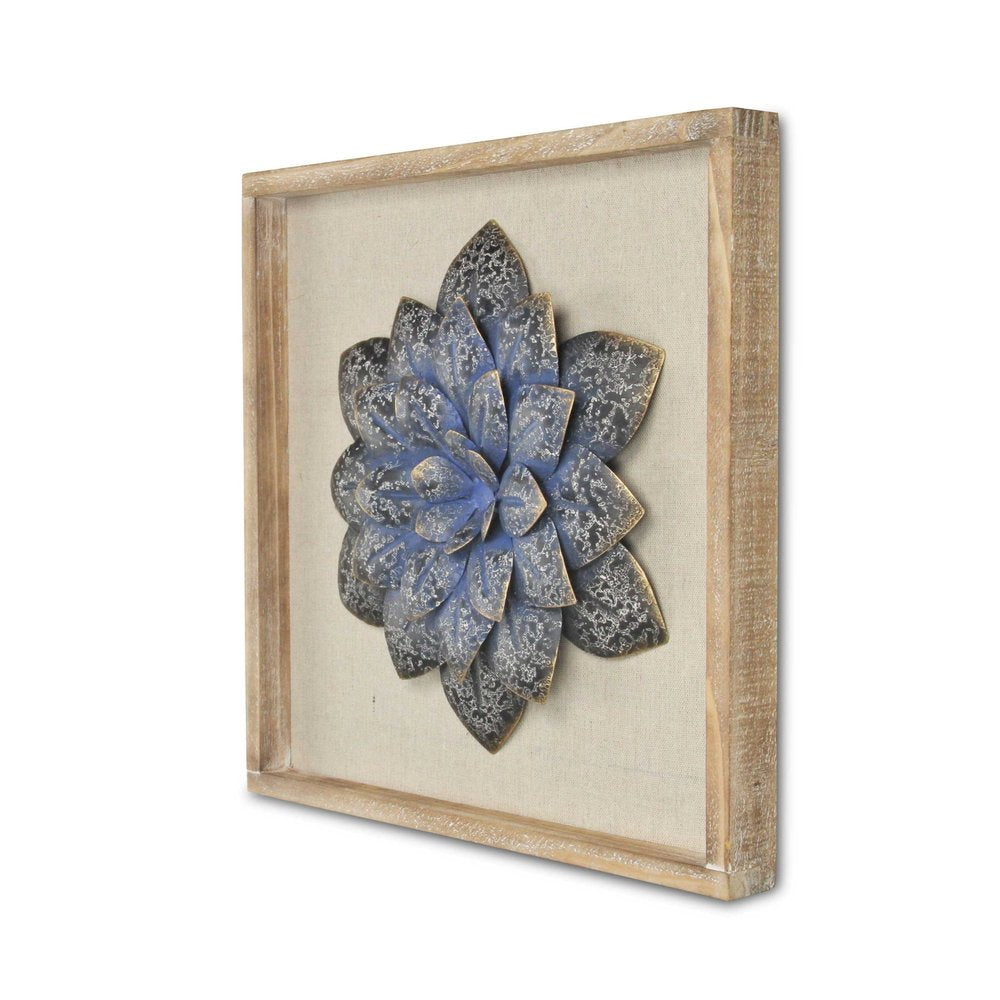 12" X 13" Dark Blue Flower Wood and Metal Wall Decor