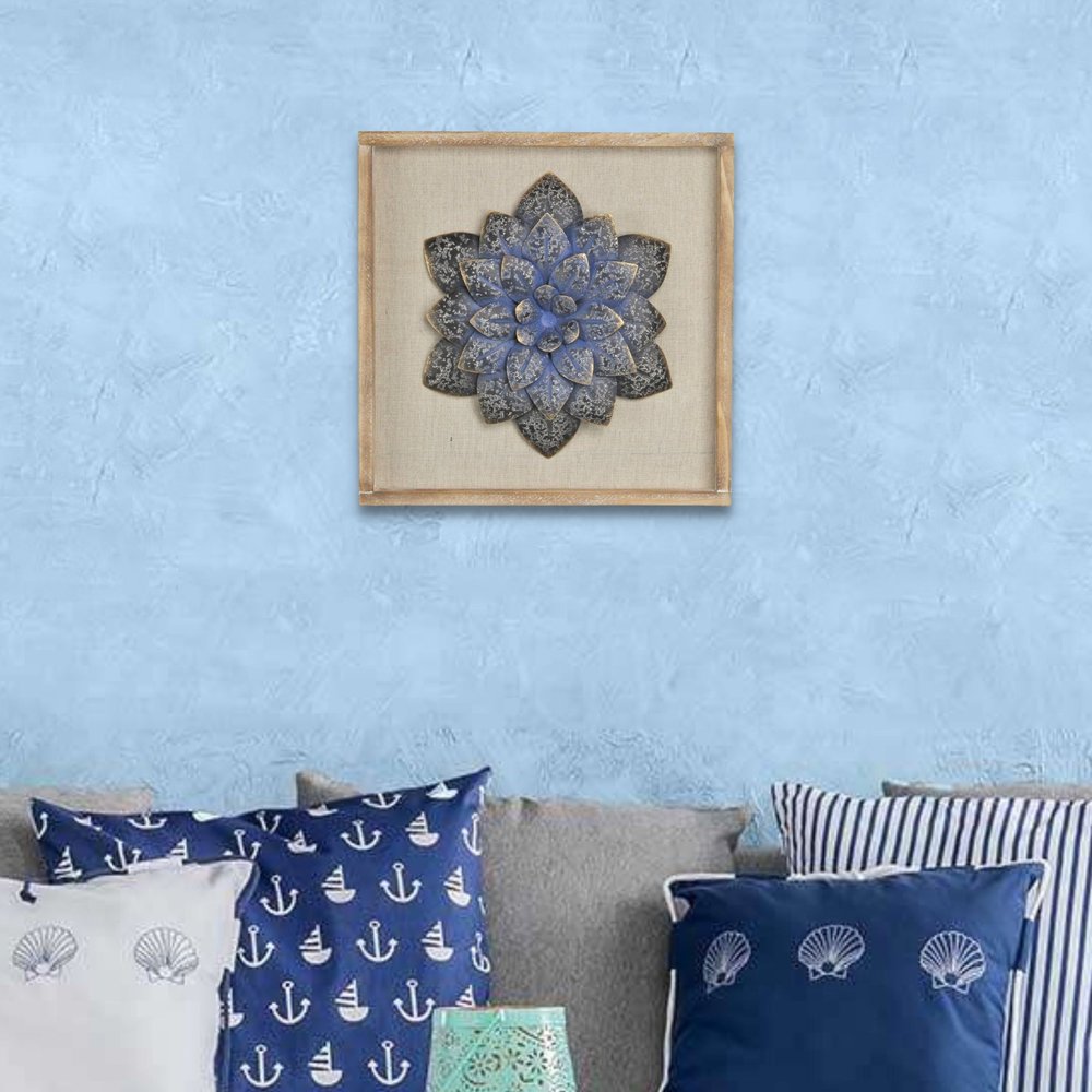 12" X 13" Dark Blue Flower Wood and Metal Wall Decor