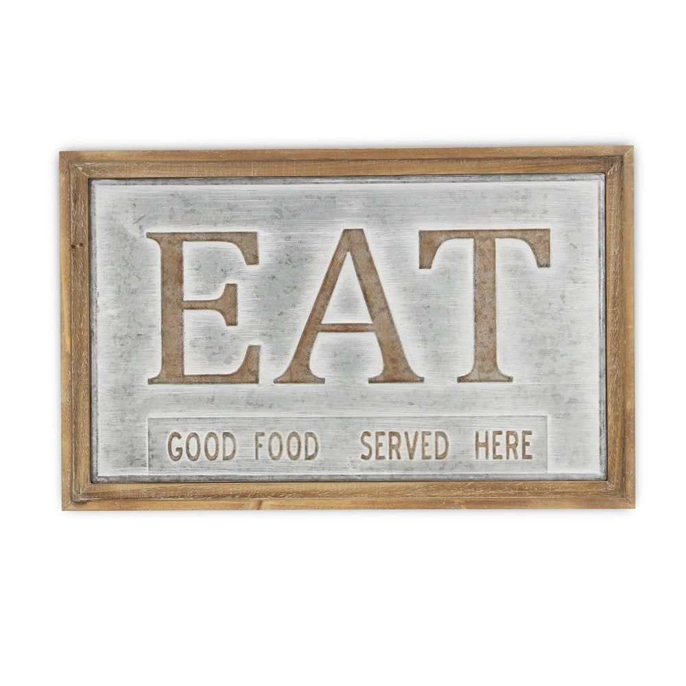 14" X 21" Gray and Brown Eat Wood and Metal Kitchen Wall Decor