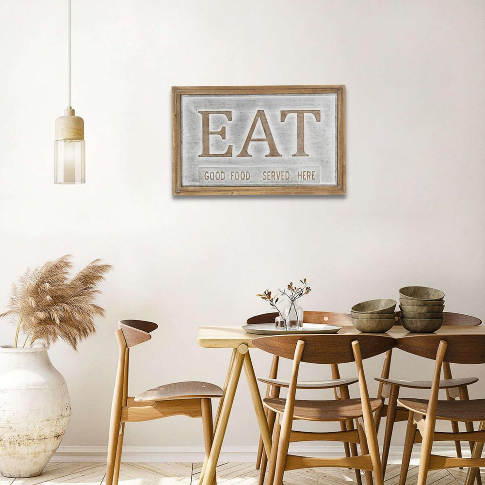 14" X 21" Gray and Brown Eat Wood and Metal Kitchen Wall Decor