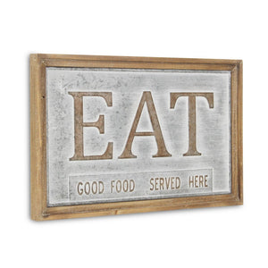 14" X 21" Gray and Brown Eat Wood and Metal Kitchen Wall Decor