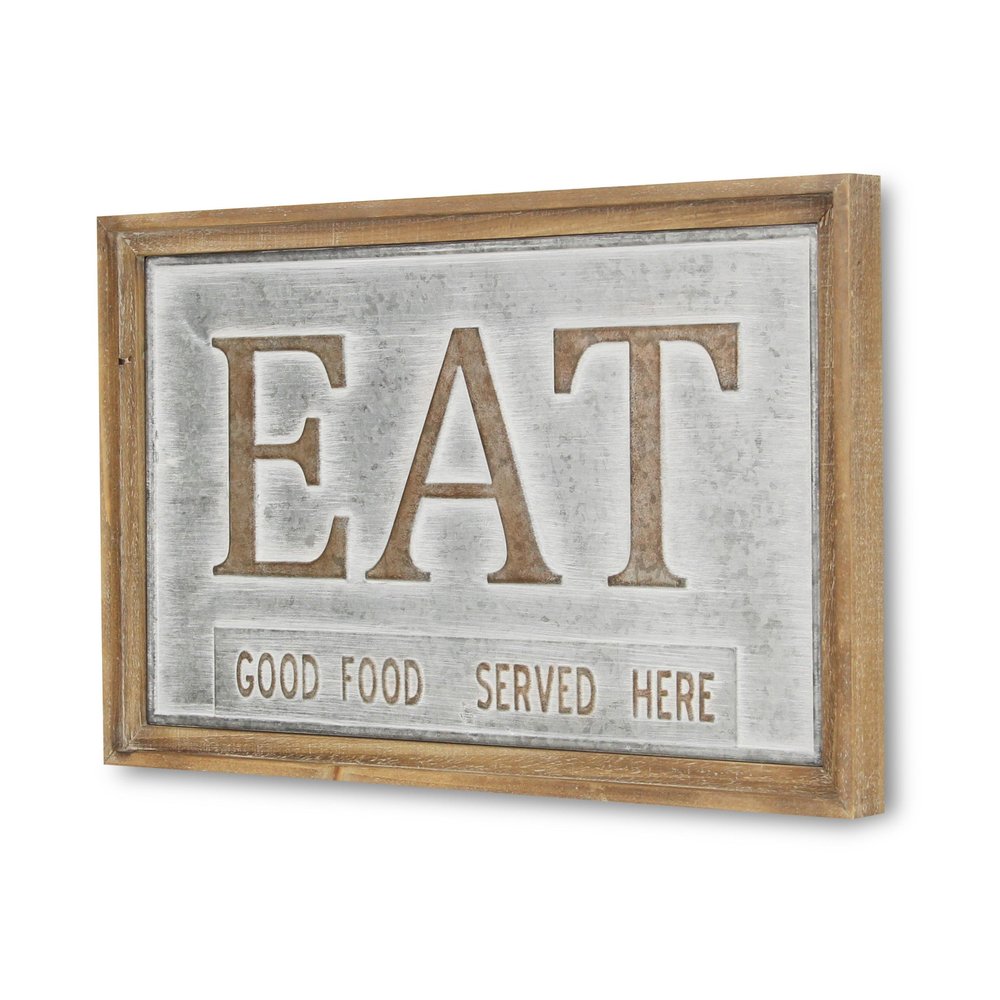 14" X 21" Gray and Brown Eat Wood and Metal Kitchen Wall Decor