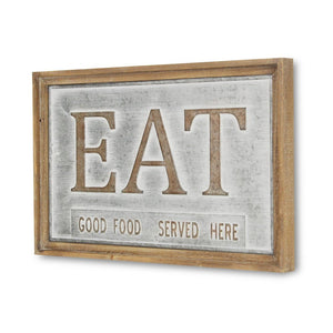 14" X 21" Gray and Brown Eat Wood and Metal Kitchen Wall Decor