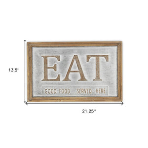 14" X 21" Gray and Brown Eat Wood and Metal Kitchen Wall Decor