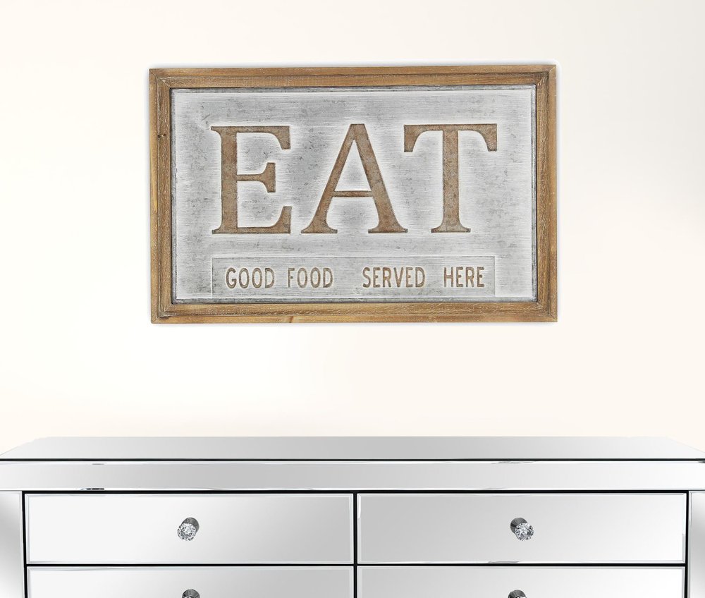 14" X 21" Gray and Brown Eat Wood and Metal Kitchen Wall Decor