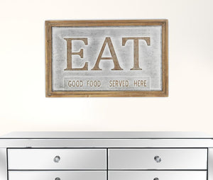 14" X 21" Gray and Brown Eat Wood and Metal Kitchen Wall Decor
