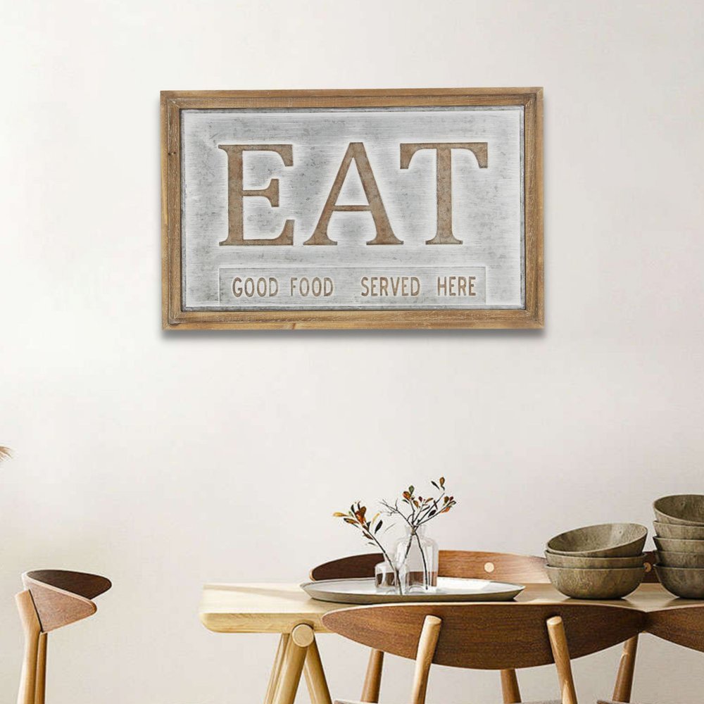 14" X 21" Gray and Brown Eat Wood and Metal Kitchen Wall Decor