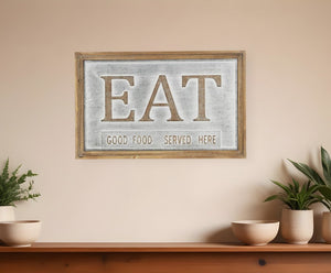 14" X 21" Gray and Brown Eat Wood and Metal Kitchen Wall Decor
