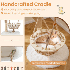 48.5 Inch Solid Wood Cat Tree with Hanging Cradle and Jute Scratching Post-White