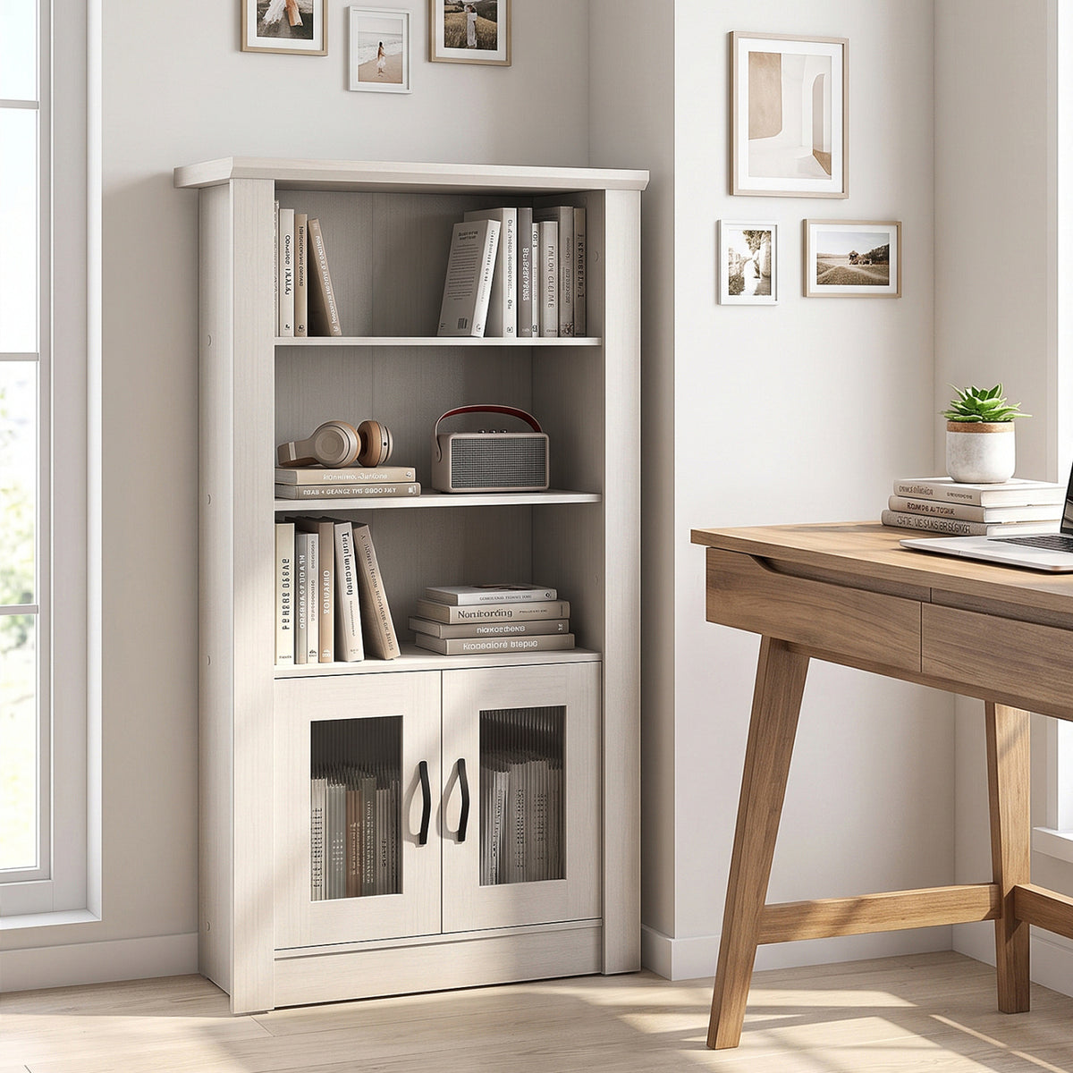 48.5" Modern Bookcase 4-Tier with 2 Translucent Fluted Doors and Anti-Tipping Kits-White