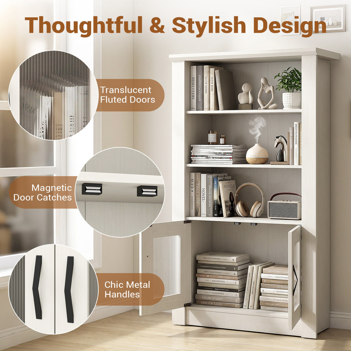 48.5" Modern Bookcase 4-Tier with 2 Translucent Fluted Doors and Anti-Tipping Kits-White