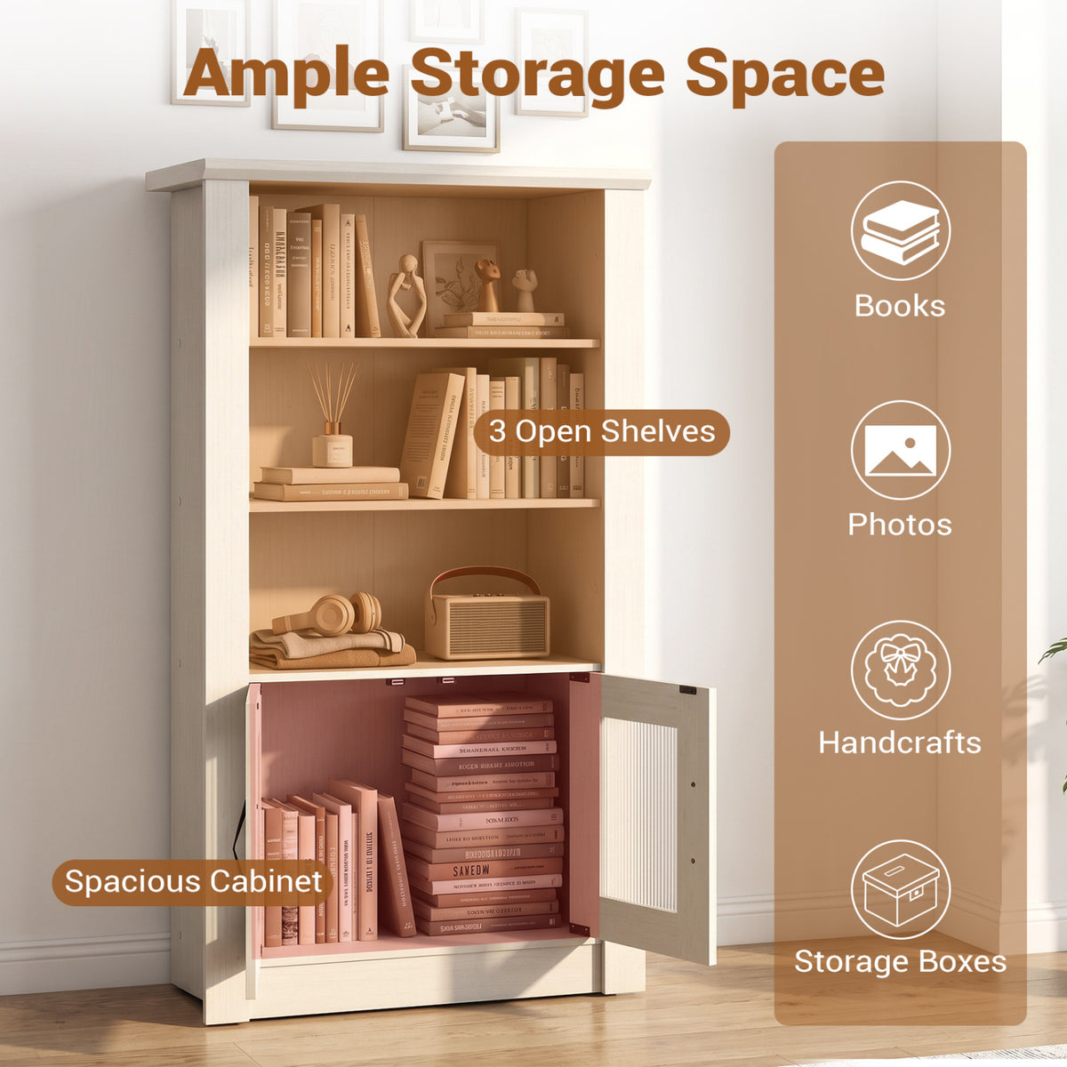 48.5" Modern Bookcase 4-Tier with 2 Translucent Fluted Doors and Anti-Tipping Kits-White