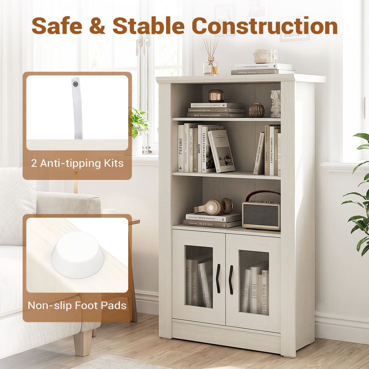 48.5" Modern Bookcase 4-Tier with 2 Translucent Fluted Doors and Anti-Tipping Kits-White
