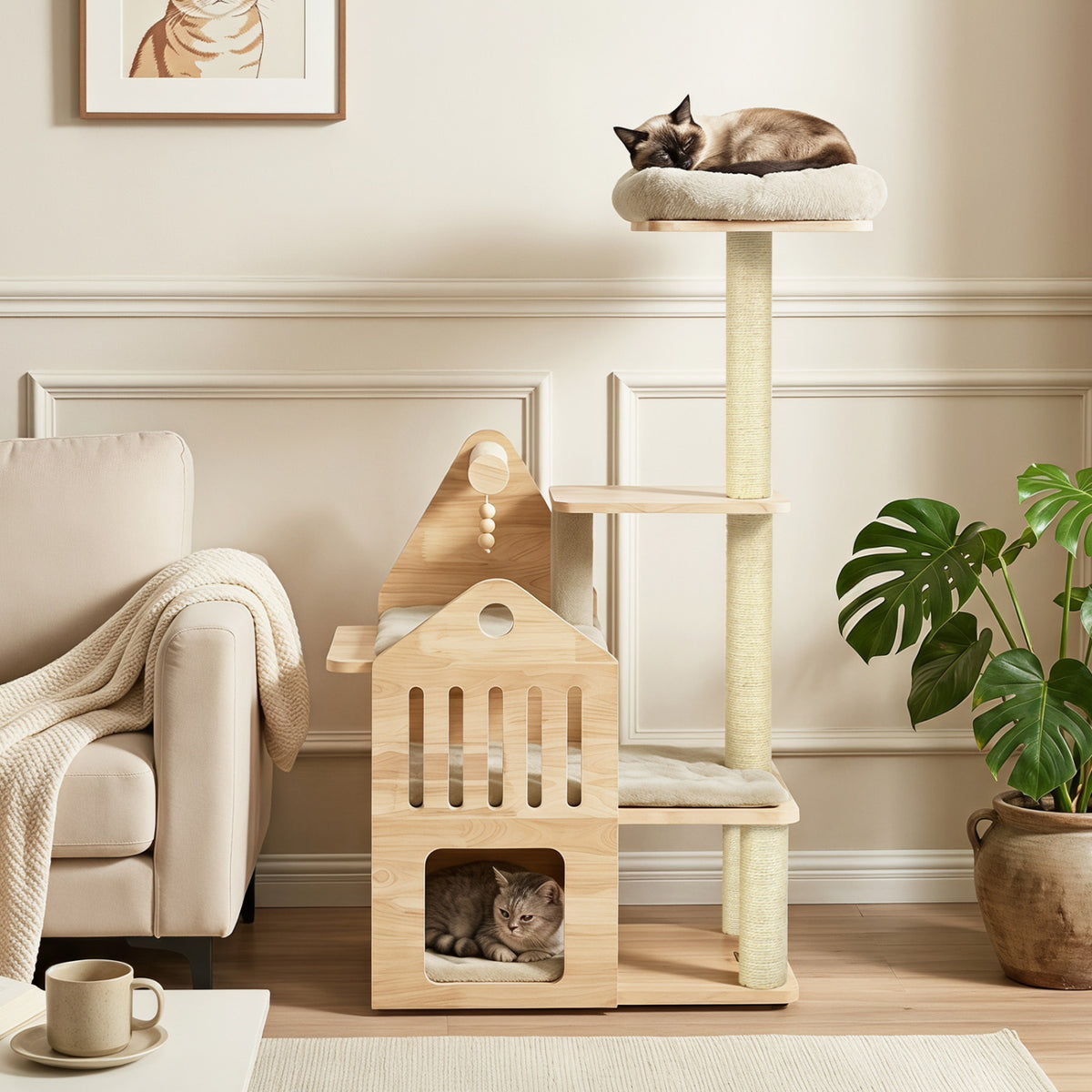 48.5" Multi-Level Solid Wood Cat Tree for Indoor Cats with Padded Top Perch Cat Condo and Sisal Scratching Posts-Beige