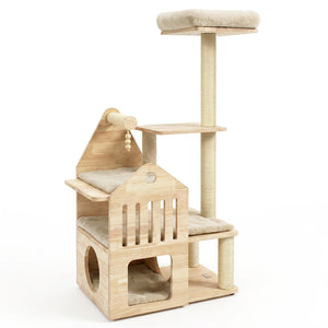 48.5" Multi-Level Solid Wood Cat Tree for Indoor Cats with Padded Top Perch Cat Condo and Sisal Scratching Posts-Beige